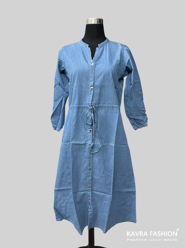 Readymade Blue 100% Denim Knee Length Front Open Flared Kurti
